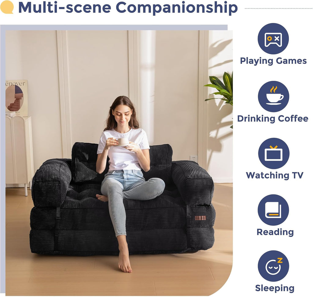 MAXYOYO Folding Sofa Bed, L-Shaped Convertible Sofa Bed with Armrest Foldable Sleeper Couch with Pillow, Portable Fold Out Chair Comfy Floor Couch Lounge for Living Room Bedroom, Black, Double