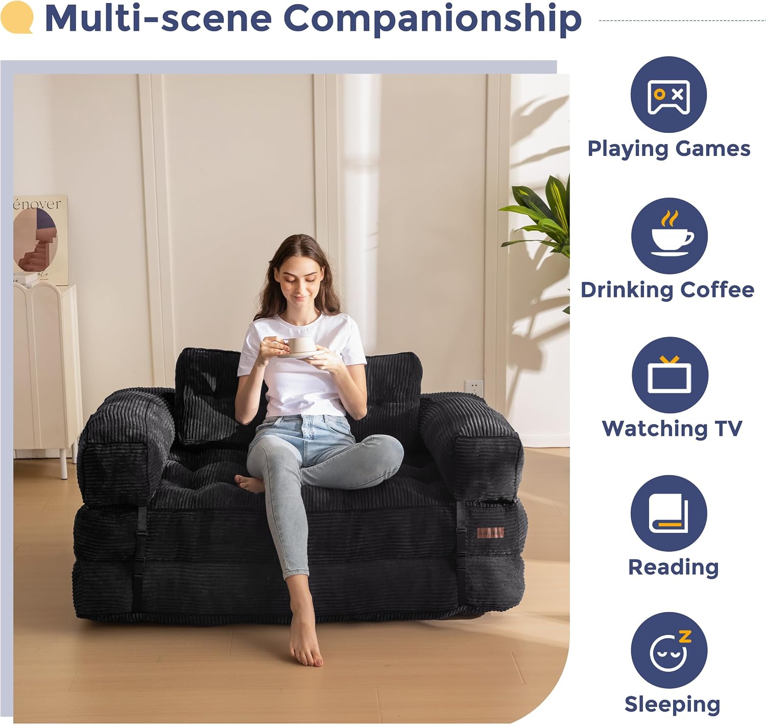 MAXYOYO Folding Sofa Bed, L-Shaped Convertible Sofa Bed with Armrest Foldable Sleeper Couch with Pillow, Portable Fold Out Chair Comfy Floor Couch Lounge for Living Room Bedroom, Black, Double