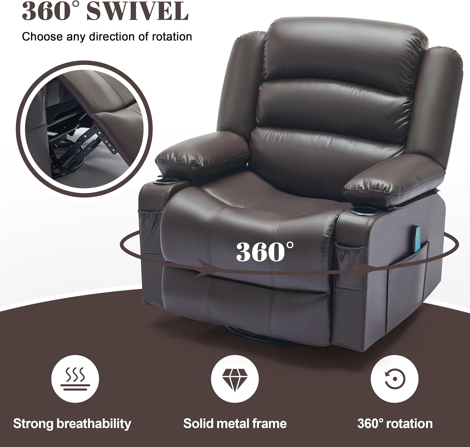 Oversized Nursery Rocking Chairs with Heat and Massage, 360° Swivel Recliner Chair for Adults, Recliner Single Sofa Seat with Cup Holders, Lazy Boy Recliner Single Sofa (Oversized Manual, Darkbrown)