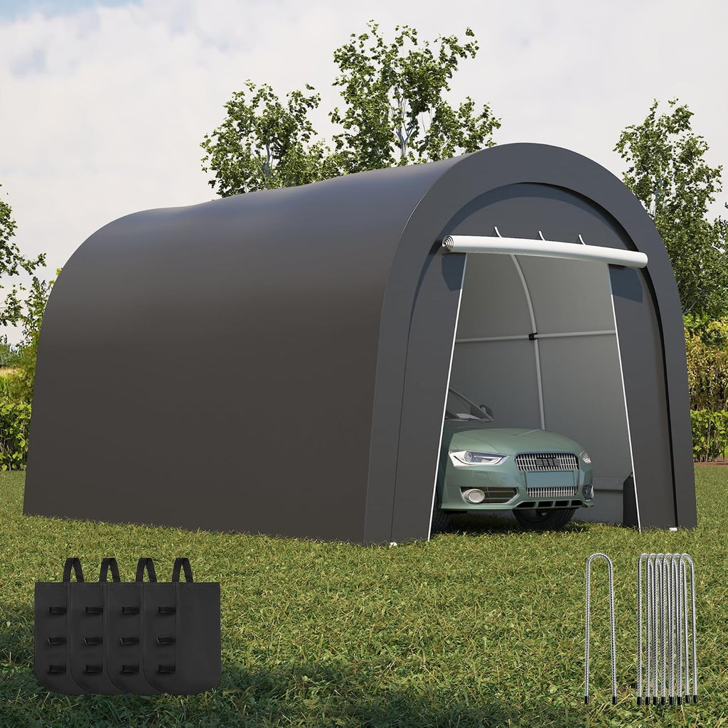 Kiss the Water Domed Carport with 4 Cloth Bags, Portable Garage with 2 Roll-up Doors, Heavy Duty Car Canopy Party Tent, All-Season Storage Shelter Shed for Cars, Truck, or Garden Tools, 10' x 15'
