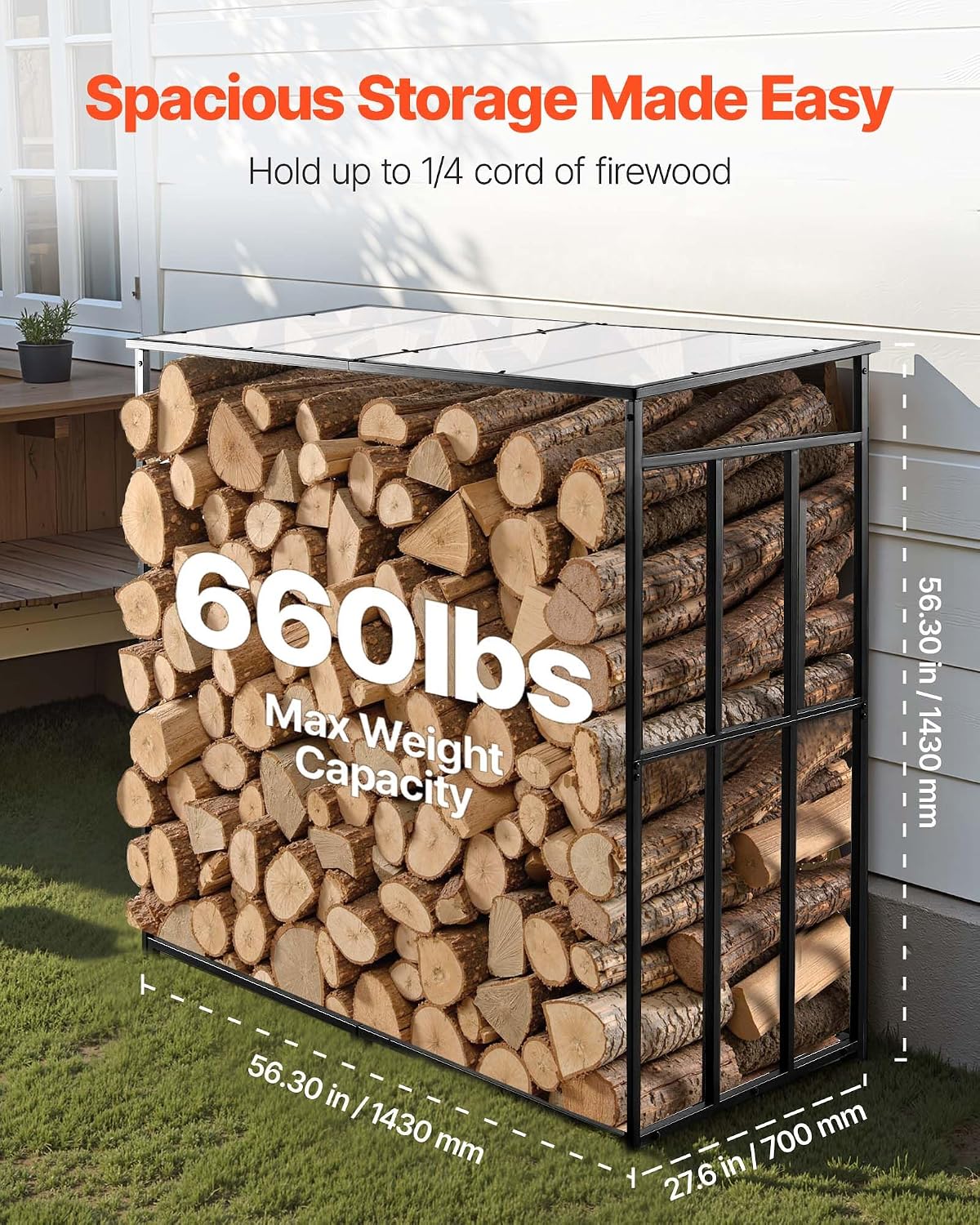 VEVOR Firewood Rack with Sloped Roof, 4 ft Outdoor Firewood Holder, 1/4 Cord Log Storage Shed, 660lb Max Weight Capacity, Powder-Coated Metal Wood Storage Rack for Fireplace Deck Backyard Garden