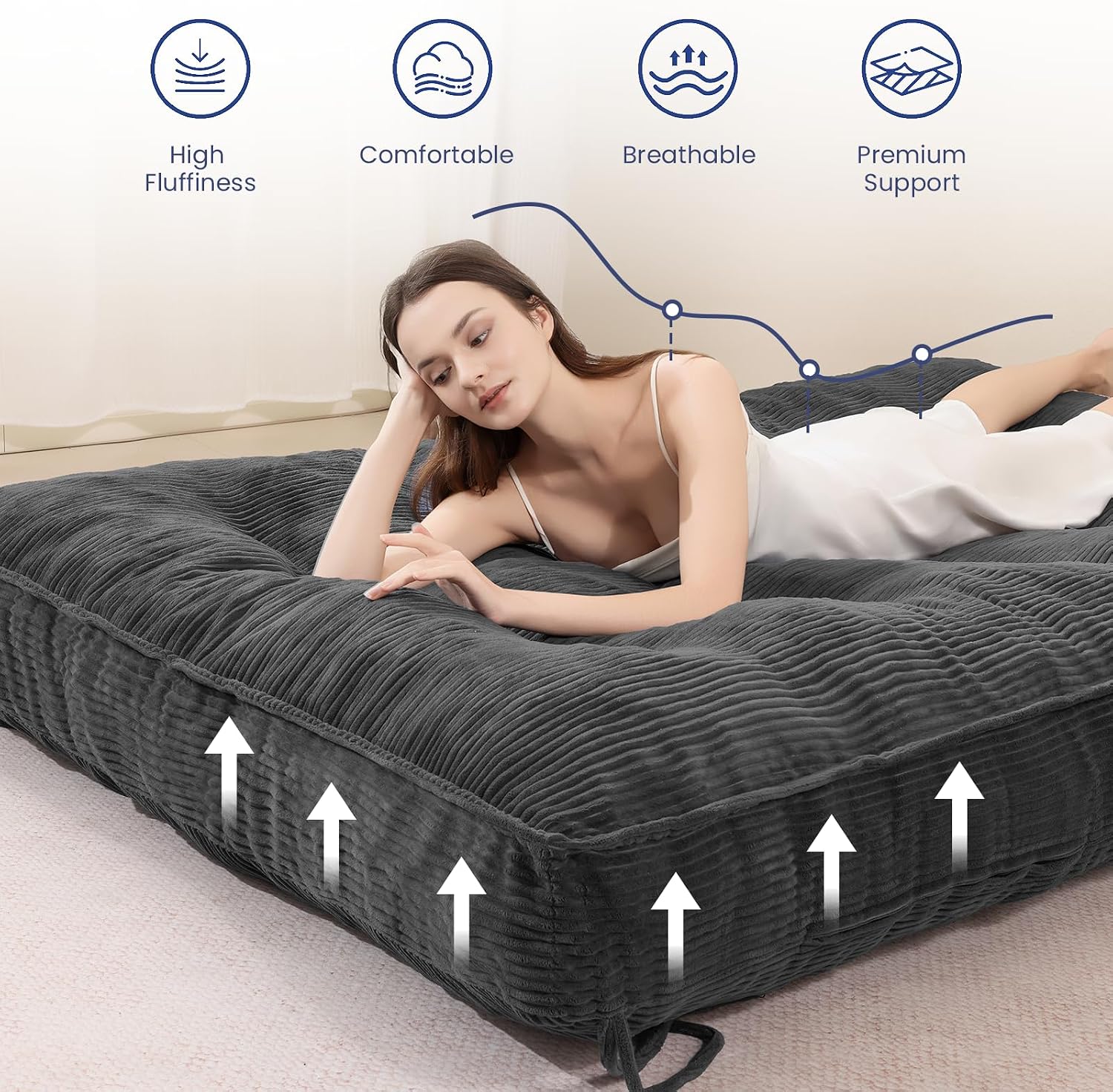 JUIKURY 8' Futon Mattress Queen Size, Thick Futons Sofa Couch Bed Sleeper Sofa Bed, Floor Mattress for Adults, Roll Up Folding Mattres Shredded Foam Filling, Medium Firm(Frame Not Included)