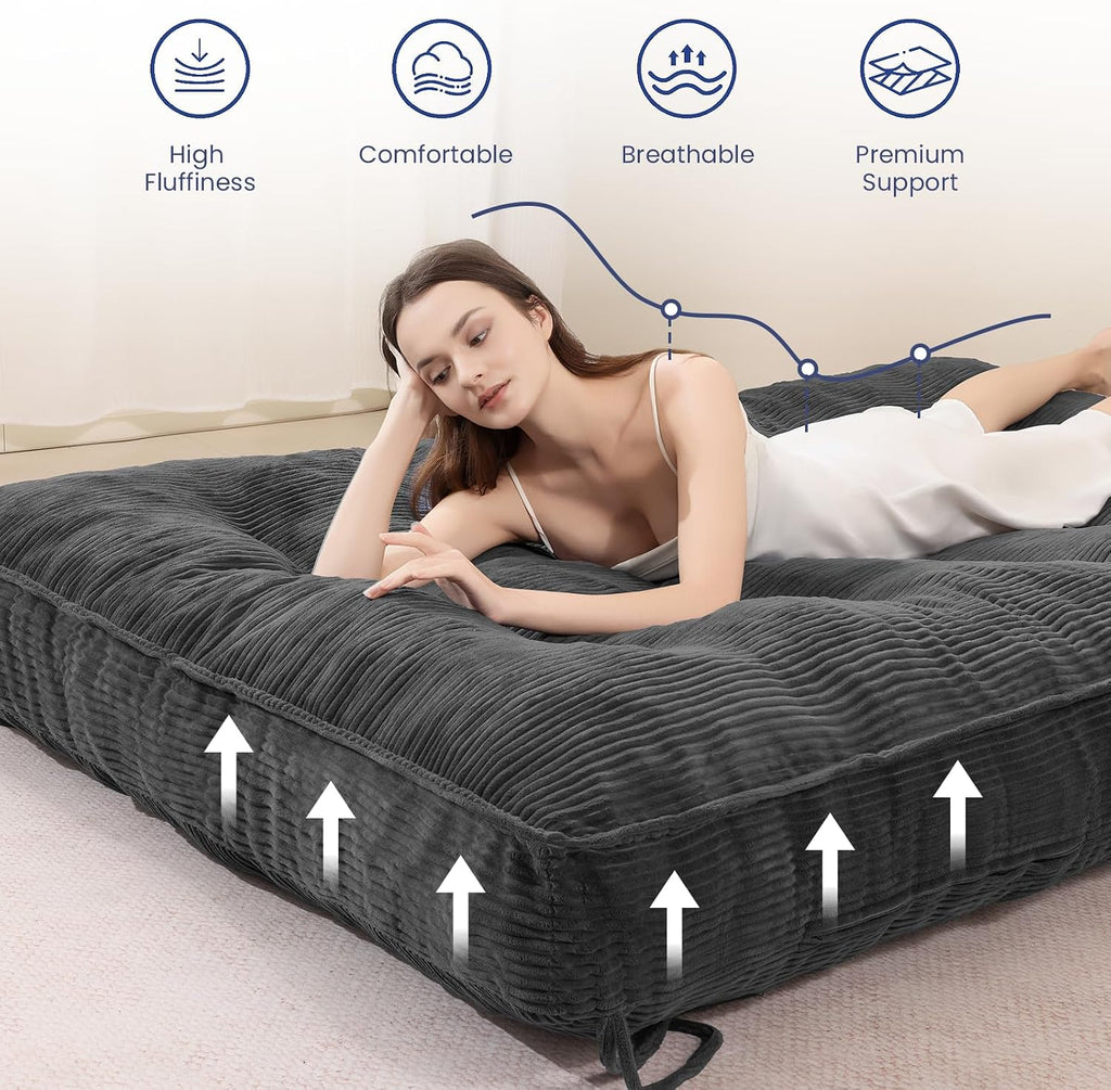 JUIKURY 8' Futon Mattress Full Size, Thick Futons Sofa Couch Bed Sleeper Sofa Bed, Floor Mattress for Adults, Roll Up Folding Mattres Shredded Foam Filling, Medium Firm(Frame Not Included)