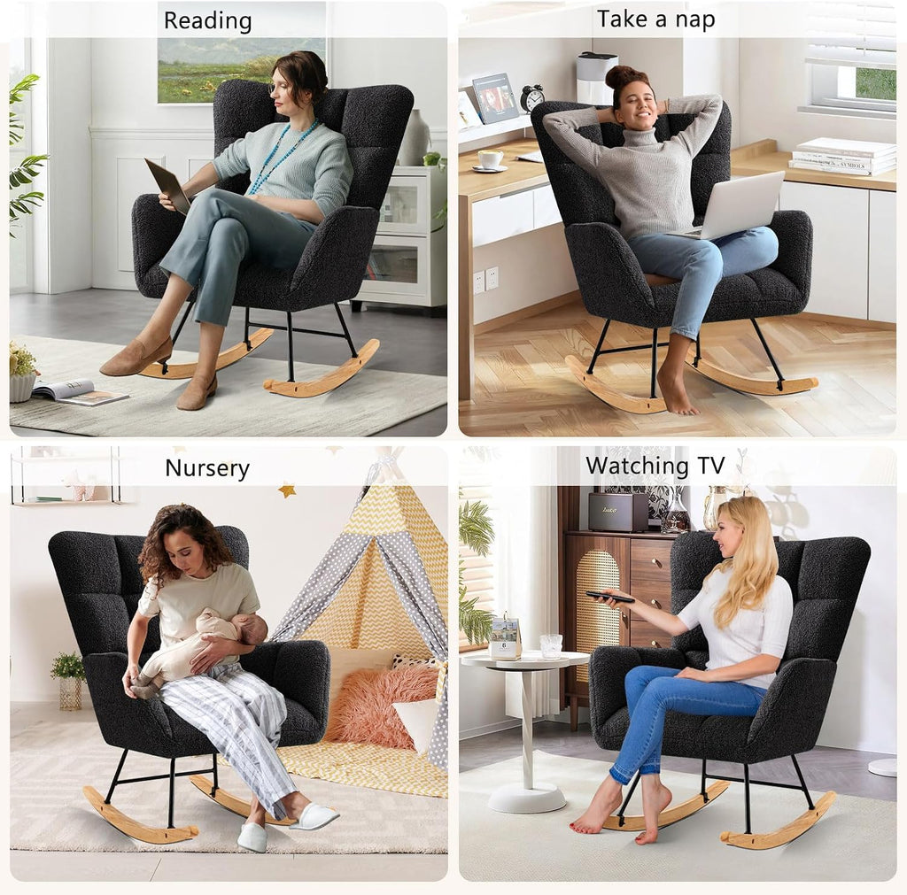 Furniliving Nursery Rocking Chair Upholstered Glider Rocking Chair Modern Accent Chair Padded Seat Reading Chair with High Backrest Comfy Chair for Living Room, Bedroom, Nursery, Black, Teddy