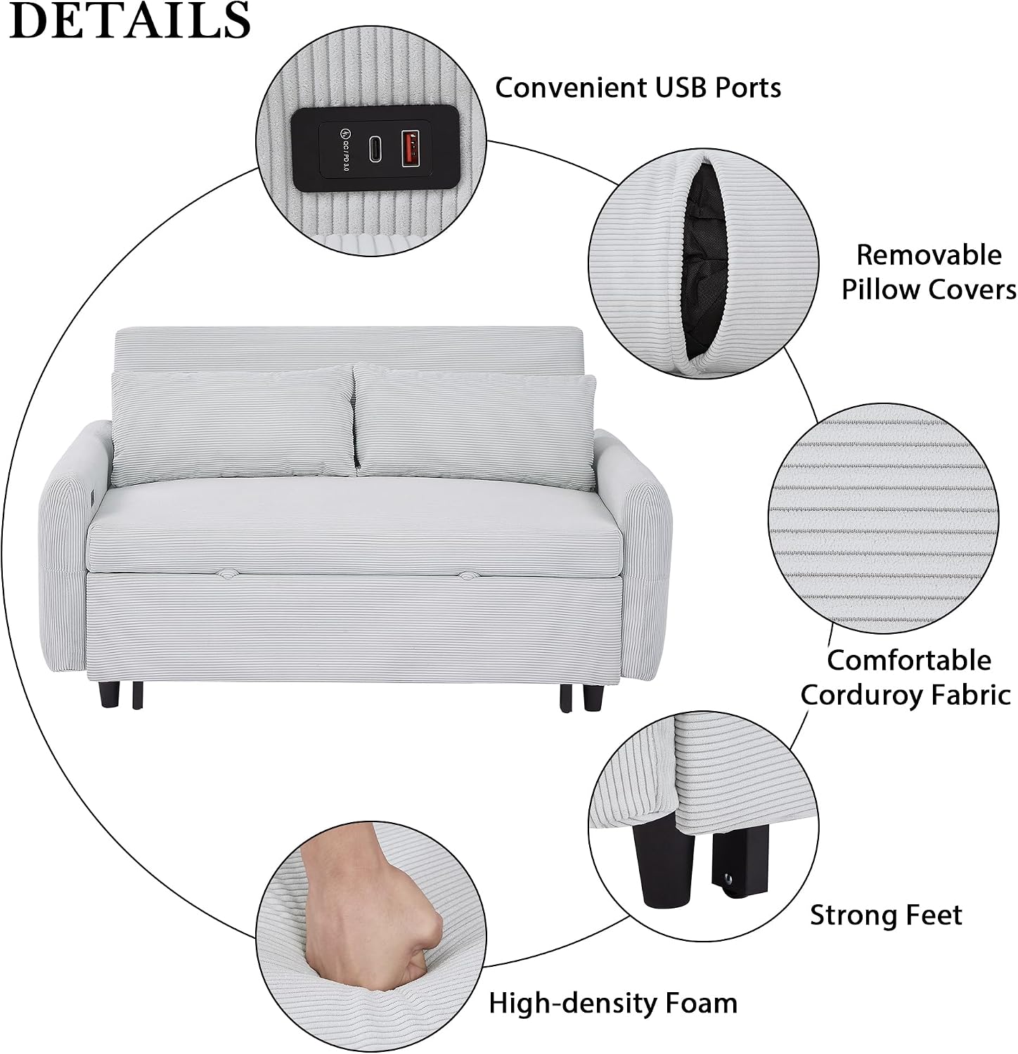 Merax Pull-Out Sofa Bed with Adjustable Backrest and Two Throw Pillows, 2 Seat Loveseat Lounge & Type C and USB Ports, 3 in 1 Convertible Sleeper Couch for Living Room, Light Blue