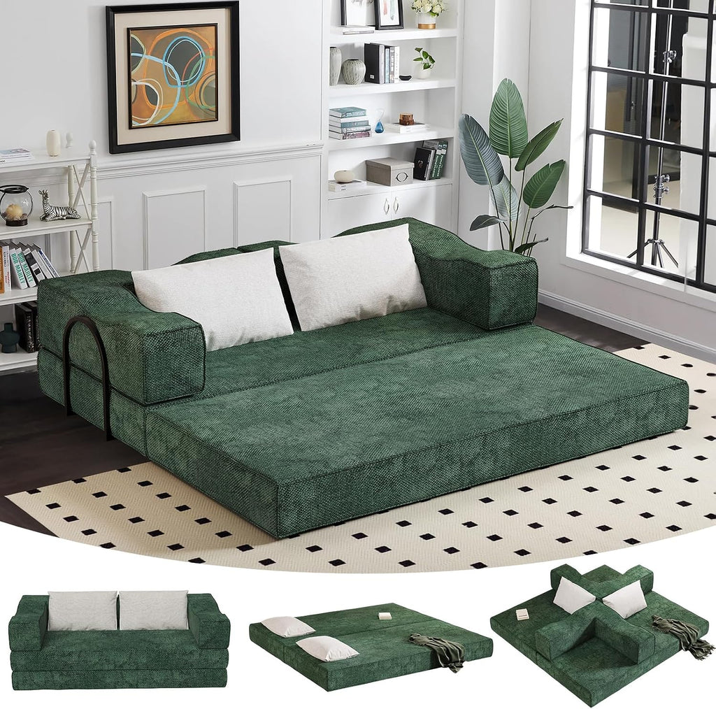 80' Convertible Folding Sofa Bed, 4-in-1 DIY Combination Fold Out Sleeper Sofa Bed King Size, Loveseat sleeper Couch w/ Removable Armrests, Chenille Floor Couch, Small couches for small spaces (Green)