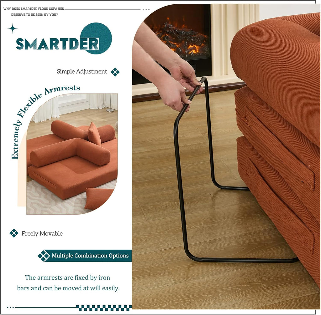 Convertible Folding Sofa Bed, Modular Floor Sofa with Removable Backrest, 3-Seater Fold Out Couch Bed with Pillows, King Size Futon Lazy Couch Corduroy Sleeper for Living Room, Dorm, Orange