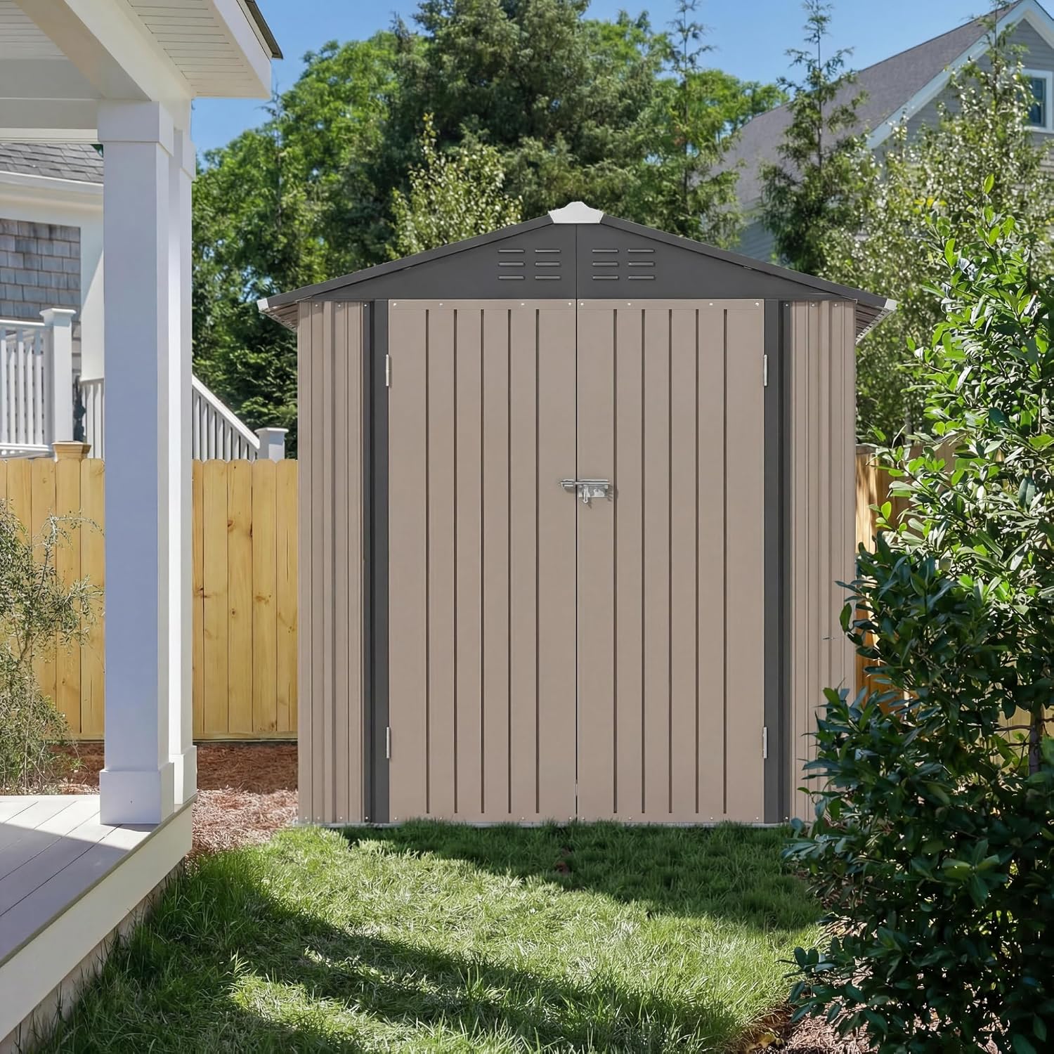 JUMMICO Metal Outdoor Storage Shed 6 x 8 FT Metal Shed with Lockable Door,Waterproof Garden Tool Shed Storage House for Backyard Patio Lawn,Brown