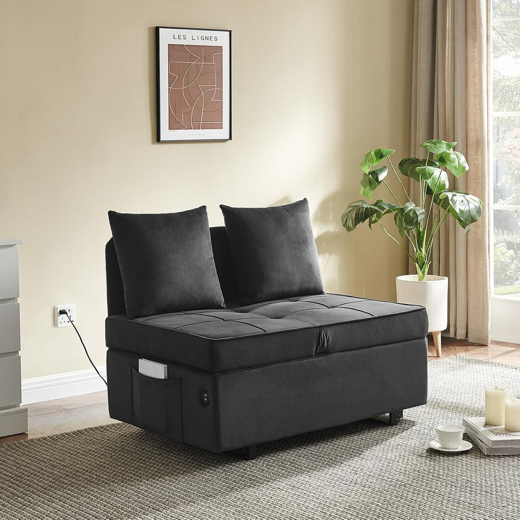 Sofa Bed 4-in-1 Convertible pull out Couch, Velvet Love seat Couch Sleeper Chair Bed with 2 Throw Pillow, Single Recliner with 5 Adjustable Backrests for Living Room Apartment Small Space, Dark Grey