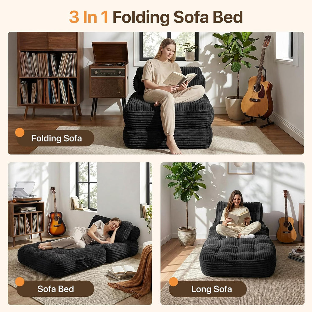 Claiks Folding Sofa Bed, Boneless Chair with Pillow Sleeper Sofa with Back Support, Sleeper Chair Portable Fold Out Chair Bed Comfy Foldable Mattress for Living Room, Black, Single
