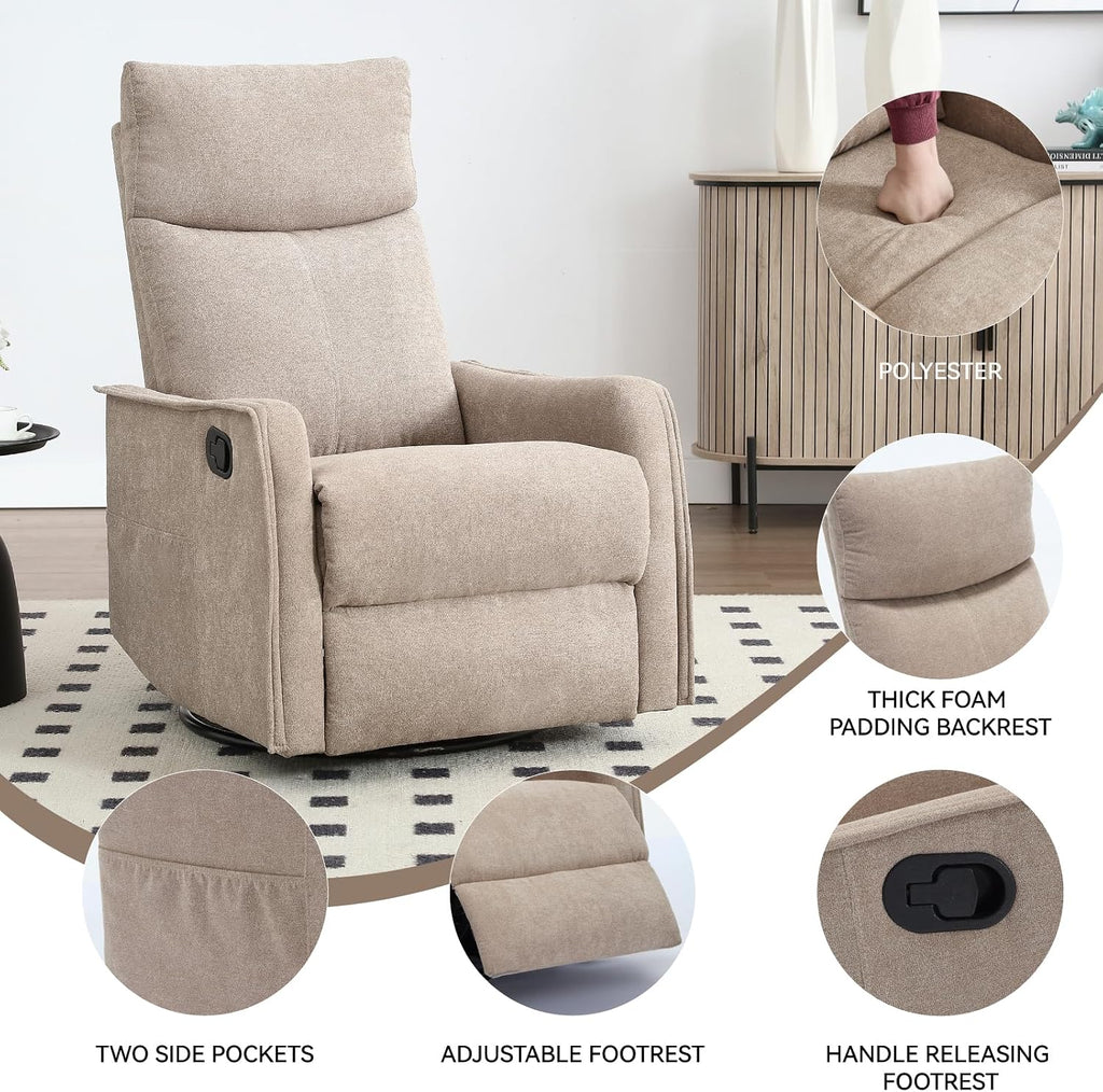 Massage Chair Recliner with Heat, 360° Swivel Glider Rocker with Reclining Backrest and Footrest, Manual Lazy Boy Recliners for Adults, Modern Nursery Rocking Chairs (Khkai)