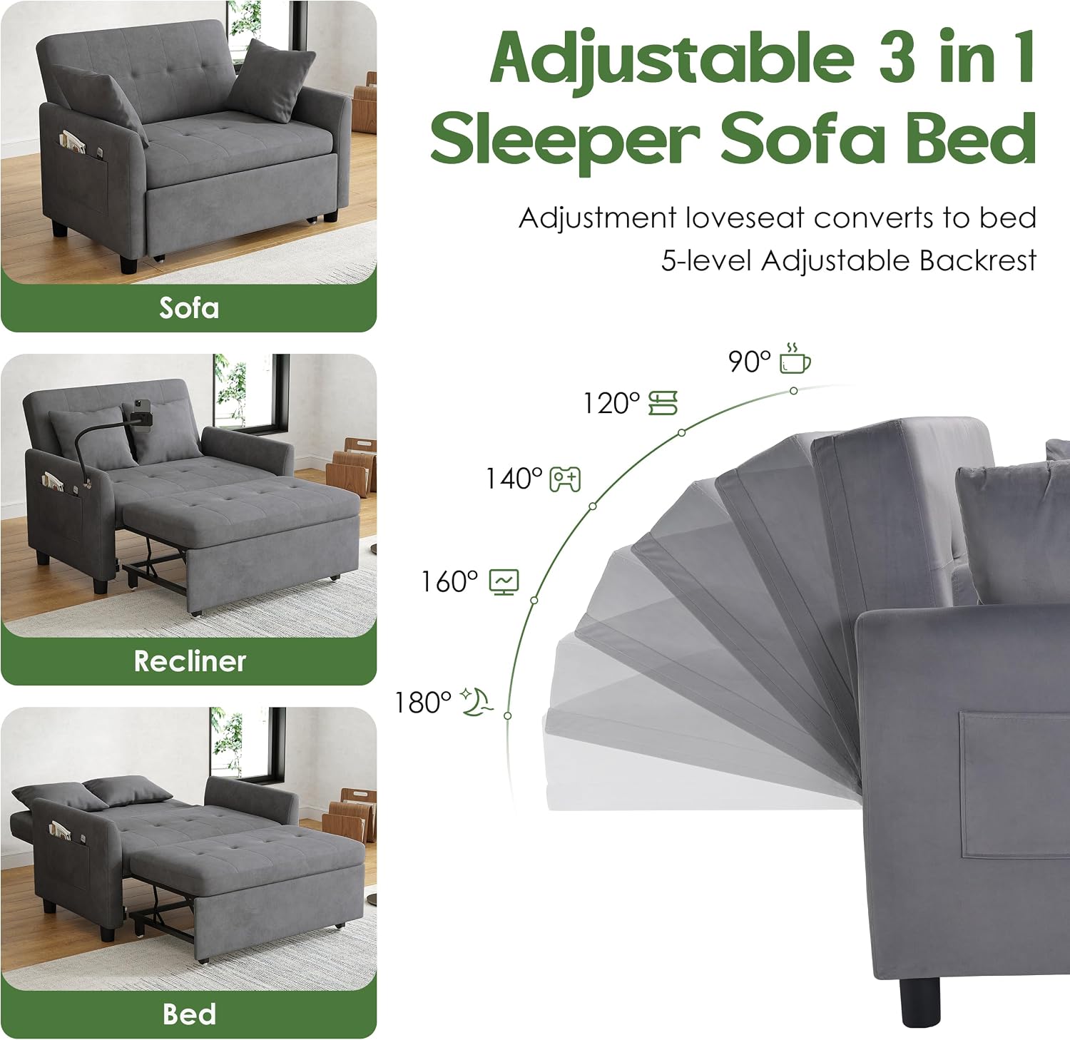 Sleeper Sofa Bed, 3 in 1 Convertible Sleeper Couch Bed Pull Out, Small Loveseat Sofa, Futon Sofa Bed, 46' Velvet Love Seat with Pillow and Phone Holder for Living Room, Grey