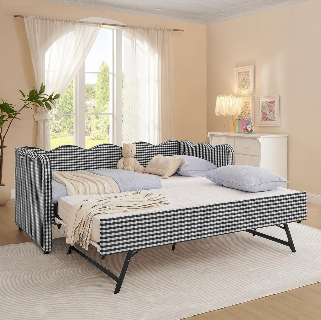 KEIKI Twin Size Upholstery Daybed with Trundle and USB, Twin to King Design Adorable Wave Shaped Extendable Linen Sofa Bed, Easy Assembly, No Box Spring Required, for Living Room and Bedroom, Black