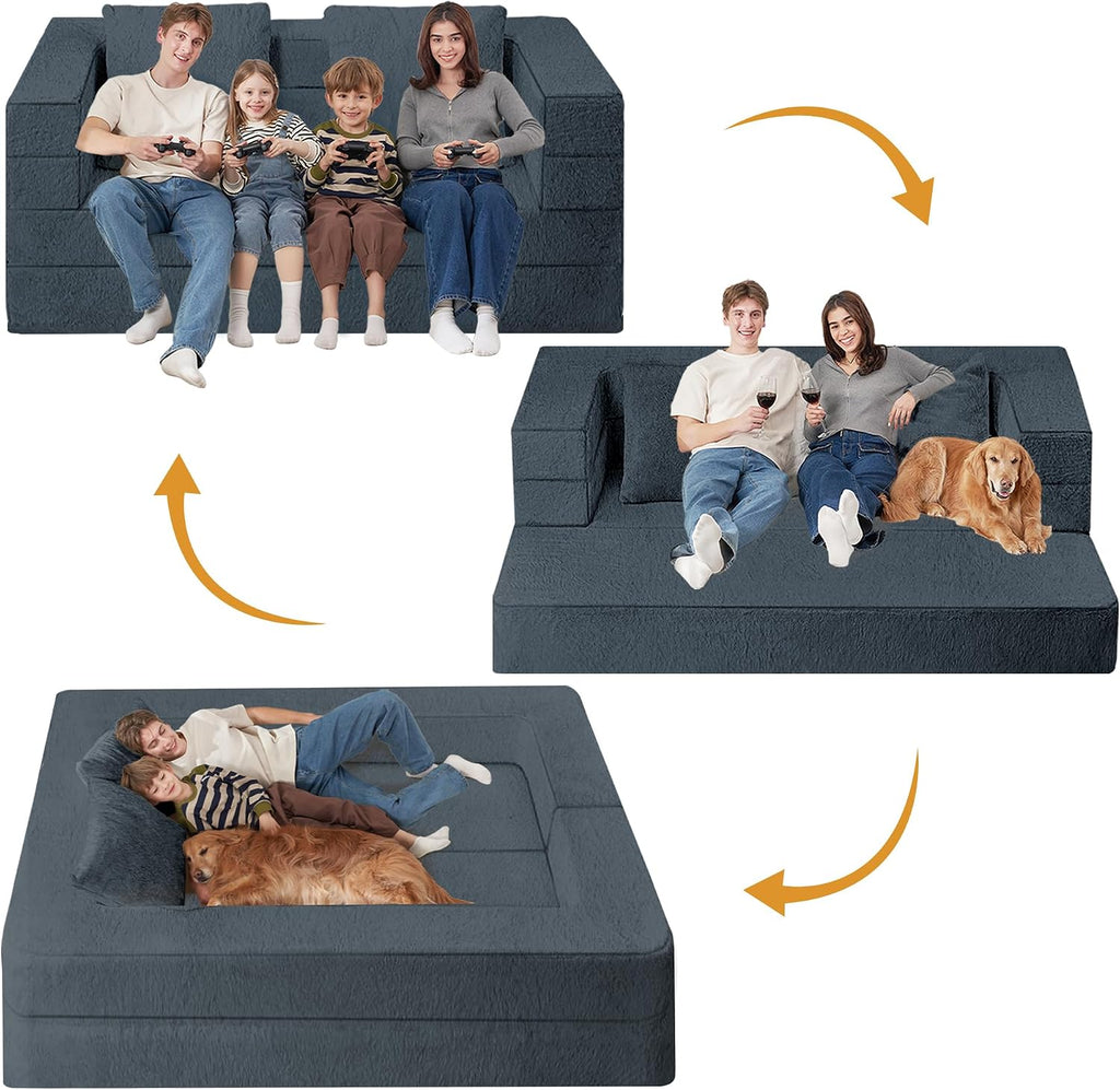 Folding Bean Bag Chair for Adults,3-in-1 Bean Bag Couch Faux Fur Floor Sofa Large Beanbag Convertible Bean Bag Sofa Bed with Pillow in Bedroom,Living Room,Apartment(Queen,Dark Grey)