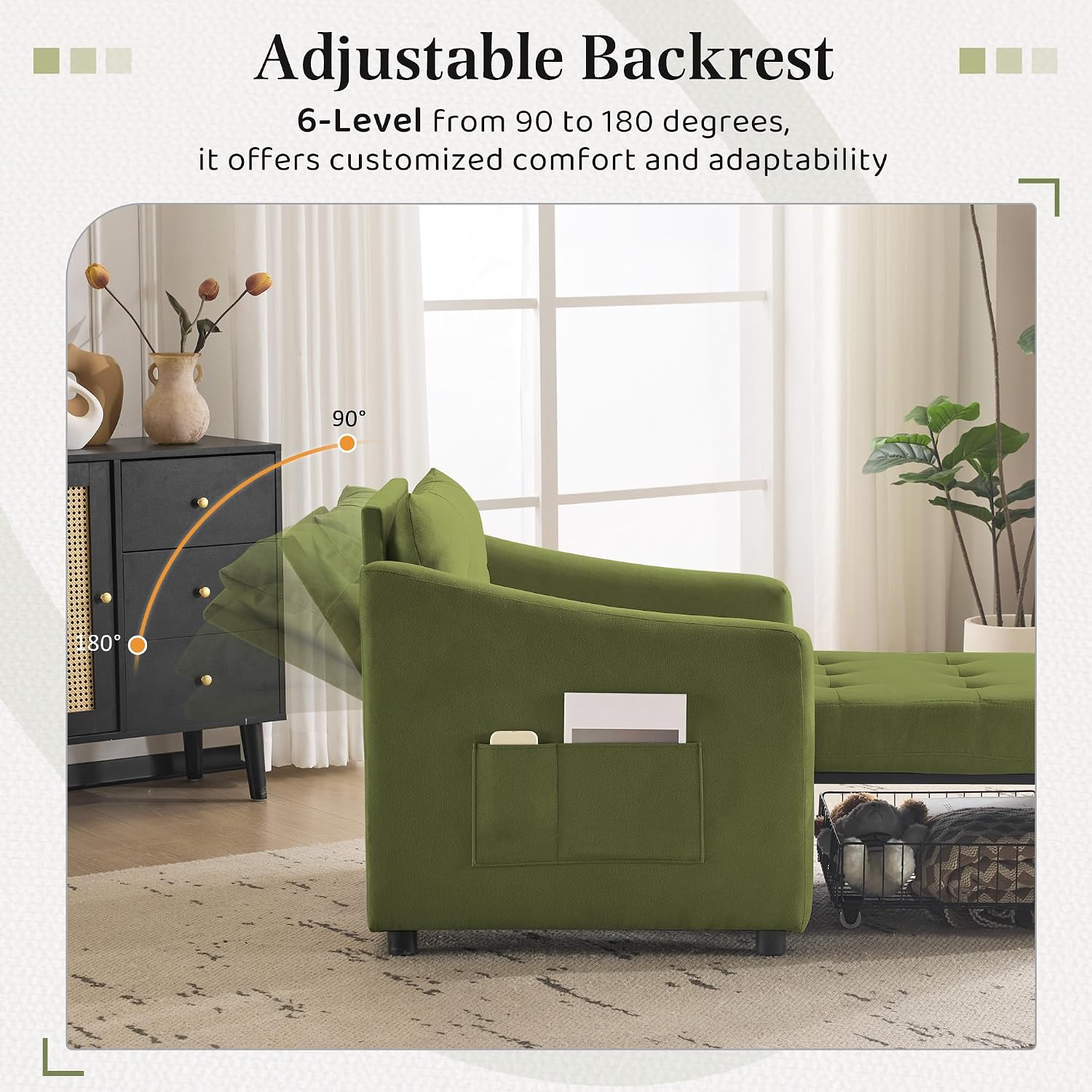 Bezseller Sleeper Sofa Chair Bed, 3-in-1 Convertible Sleeper Chair with Storage Drawer, Pull Out Couch with Side Pocket, Pillow, and Adjustable Backrest, for Living Room Bedroom Apartment, Green