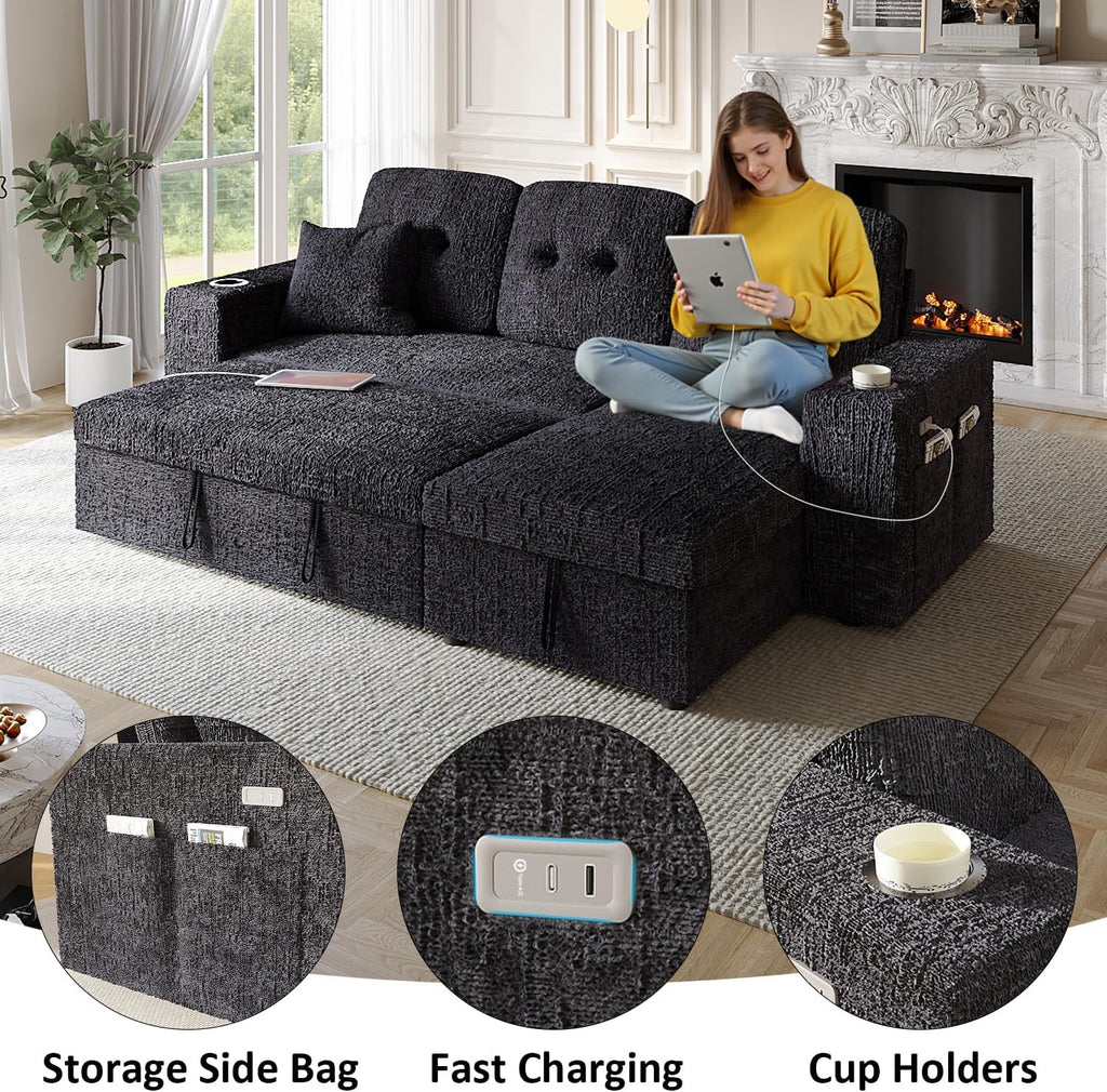 90 Inch Sleeper Sofa Bed, 4 in 1 Pull Out Couch Bed with Adjustable Backrest | Reversible Storage Chaise | Wide Armrest | Tool Free Assembly, Sectional Couches for Living Room, Black Chenille