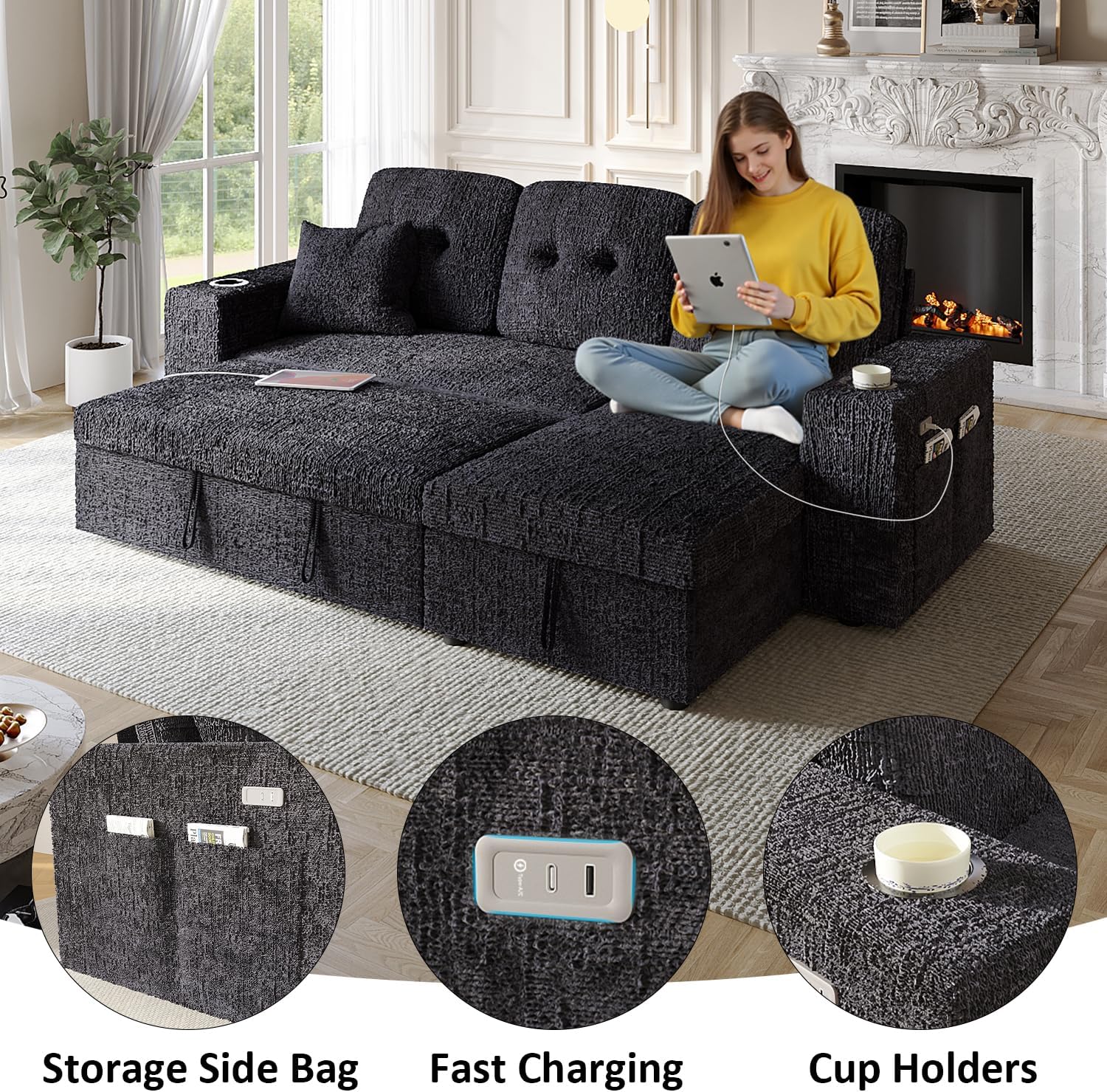 90 Inch Sleeper Sofa Bed, 4 in 1 Pull Out Couch Bed with Adjustable Backrest | Reversible Storage Chaise | Wide Armrest | Tool Free Assembly, Sectional Couches for Living Room, Black Chenille