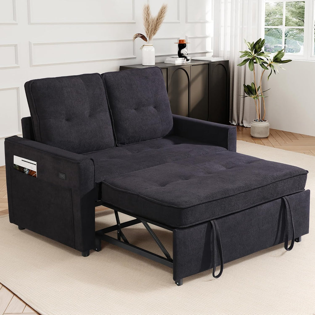 EJUNQ Pull Out Couch, Convertible Sofa Bed with USB and Reclining Backrest, Modern 3 in 1 Sleeper Sofa Couch Bed with Side Pockets, Comfortable Loveseat Sleeper for Small Spaces.(Black)