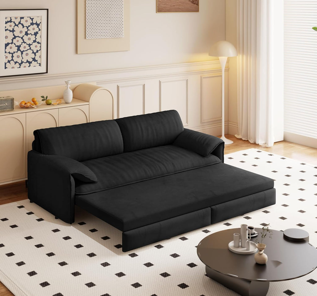 66' Sleeper Sofa Bed Queen Size, 3-in-1 Convertible Couch, Modern Pull Out Couches, Comfy Velvet Futon Sofa, Cloud Loveseat Lounge, Pillow Arm, for Small Spaces, Living Room, Apartment, Black