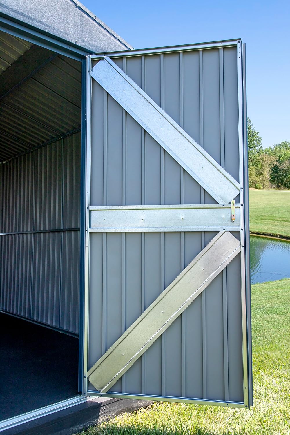 Arrow Shed Elite 14' x 12' Tall Outdoor Steel Storage Shed with High Gable and Lockable Doors Storage Building, Blue Grey