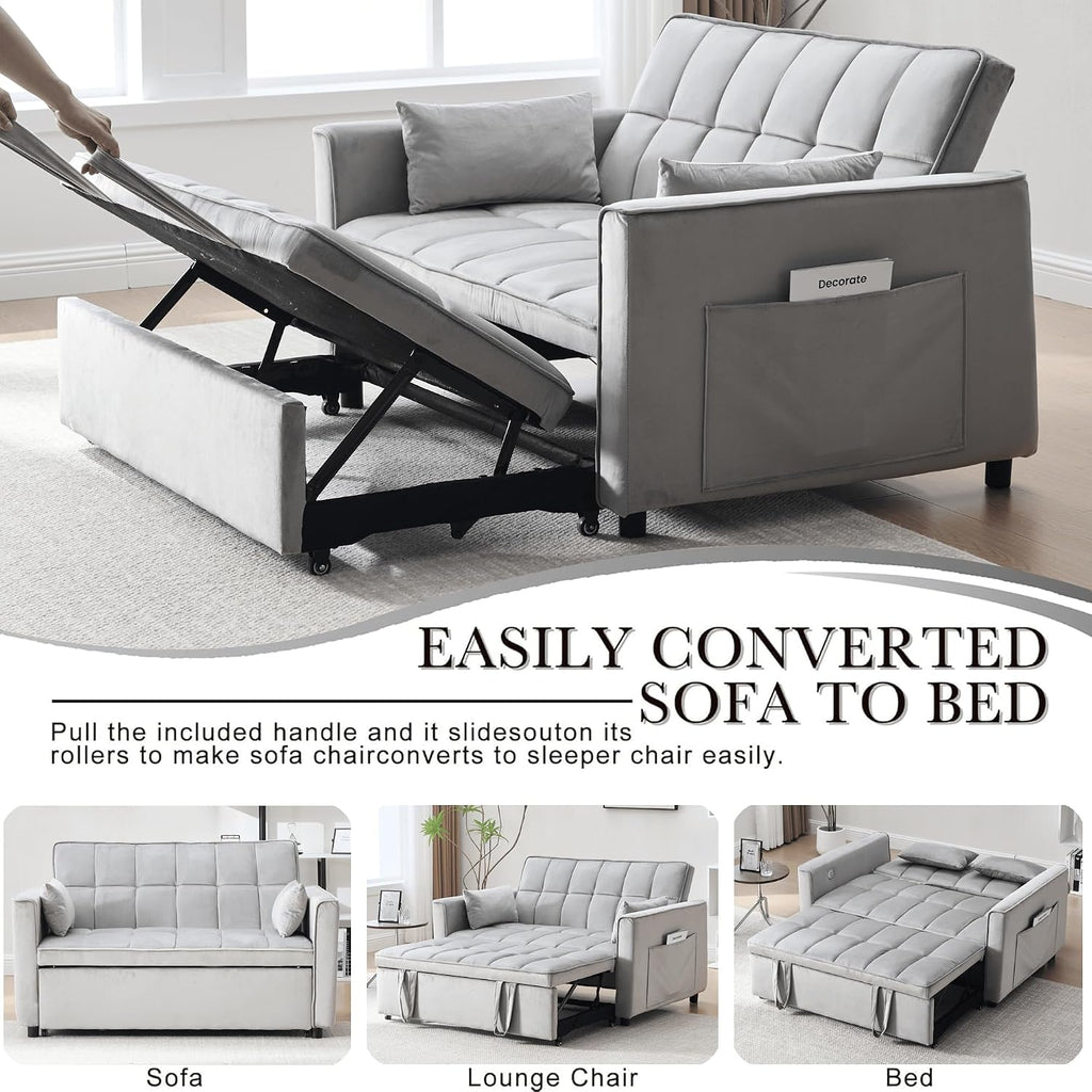 Velvet 3-in-1 Convertible Sofa Bed - USB Charging Port, Adjustable Backrest Loveseat Sleeper for Small Space Apartment, Versatile Futon Pull Out Couch for Living Room,Gray