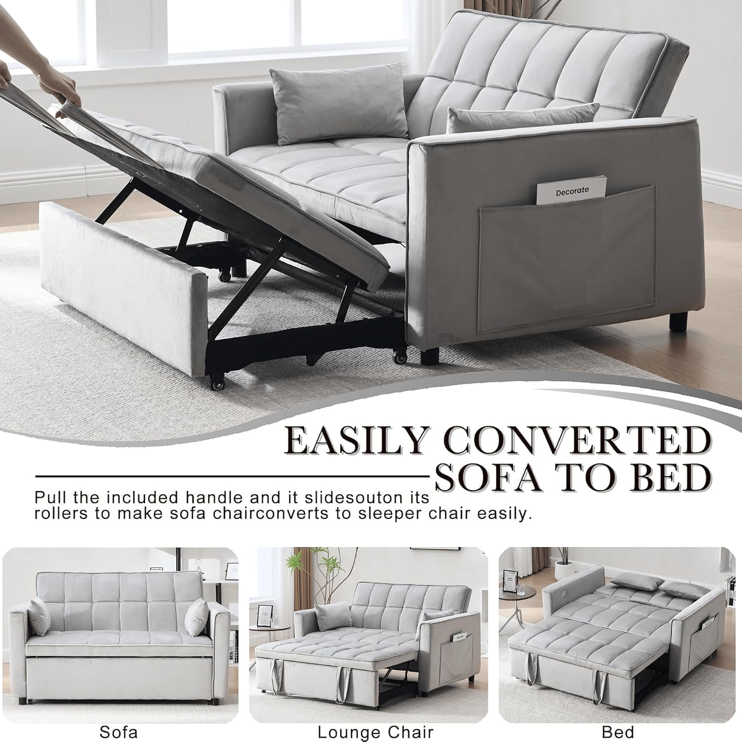 Velvet 3-in-1 Convertible Sofa Bed - USB Charging Port, Adjustable Backrest Loveseat Sleeper for Small Space Apartment, Versatile Futon Pull Out Couch for Living Room,Gray