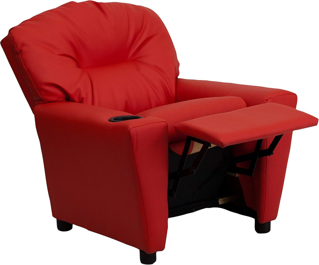 Flash Furniture Chandler Vinyl Kids Recliner with Cup Holder and Safety Recline, Contemporary Reclining Chair for Kids, Supports up to 90 lbs., Red