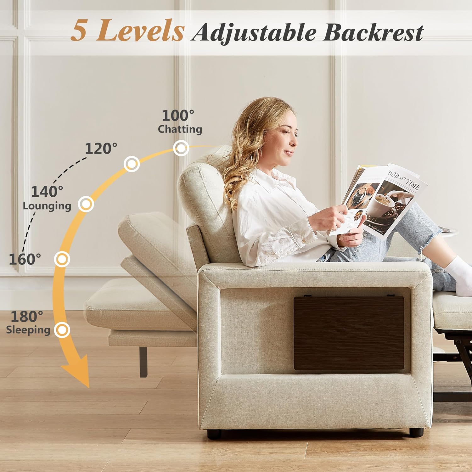 WEUP 42.5' Sleeper Chair Bed, 3-in-1 Convertible Reclining Sofa Chair with Pull Out Couch Bed, Adjustable Backrest, Side Pockets, Cup Holder, USB Ports & Wing Table, Premium Beige