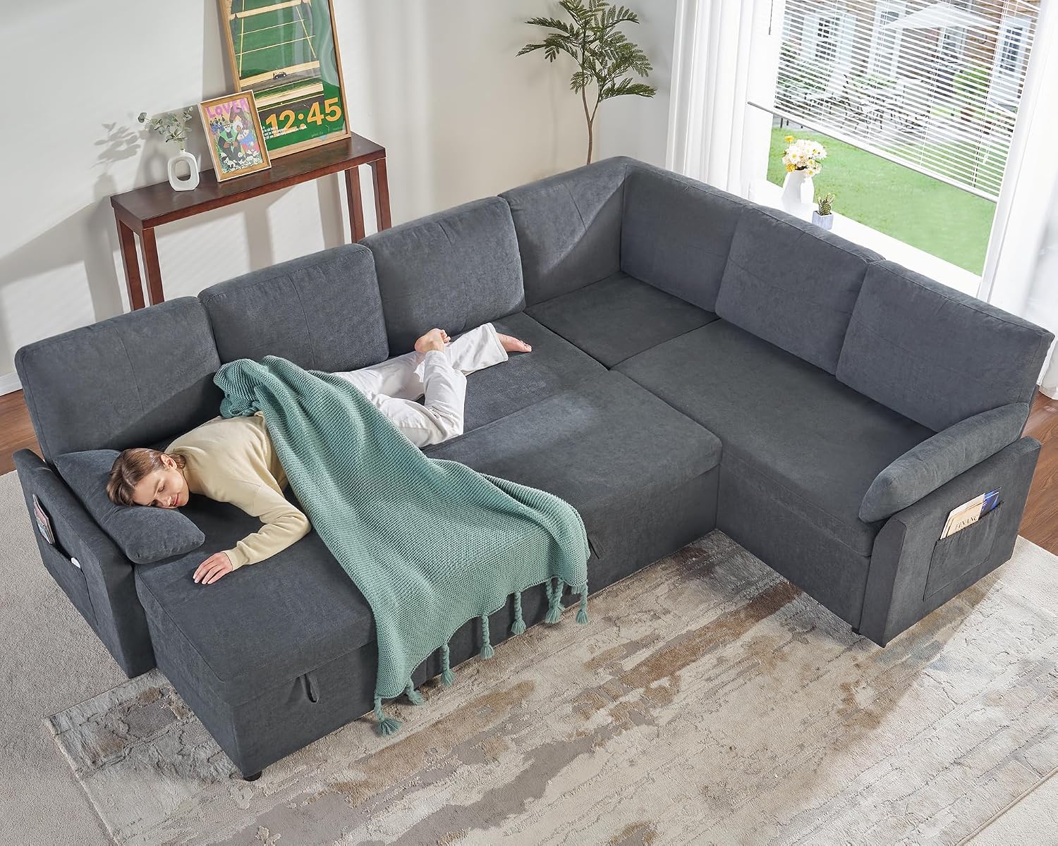 PaPaJet Sofa Bed, 112 Inch Sleeper Sofa, Oversized U Shaped Couch with Storage Chaise, Pull Out Couch for Living Room, Chenille Gray
