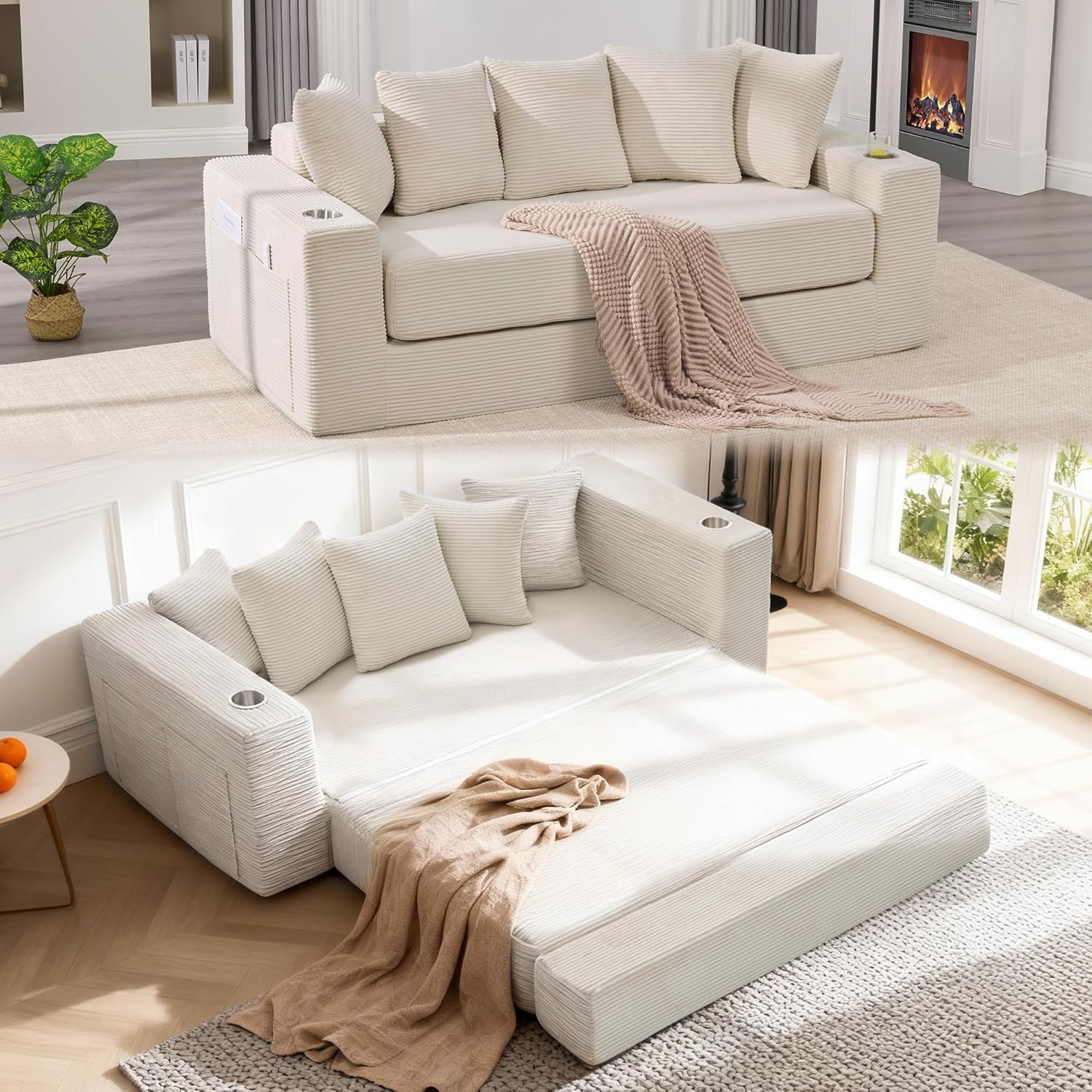 76' Convertible Sofa Bed, 2-in-1 Boneless Sleeper Sofa with Cup Holder & Pocket, Corduroy Pull Out Couch with 5 Pillows, Couch Bed for Living Room, Small Spaces, Bedroom, No Assembly