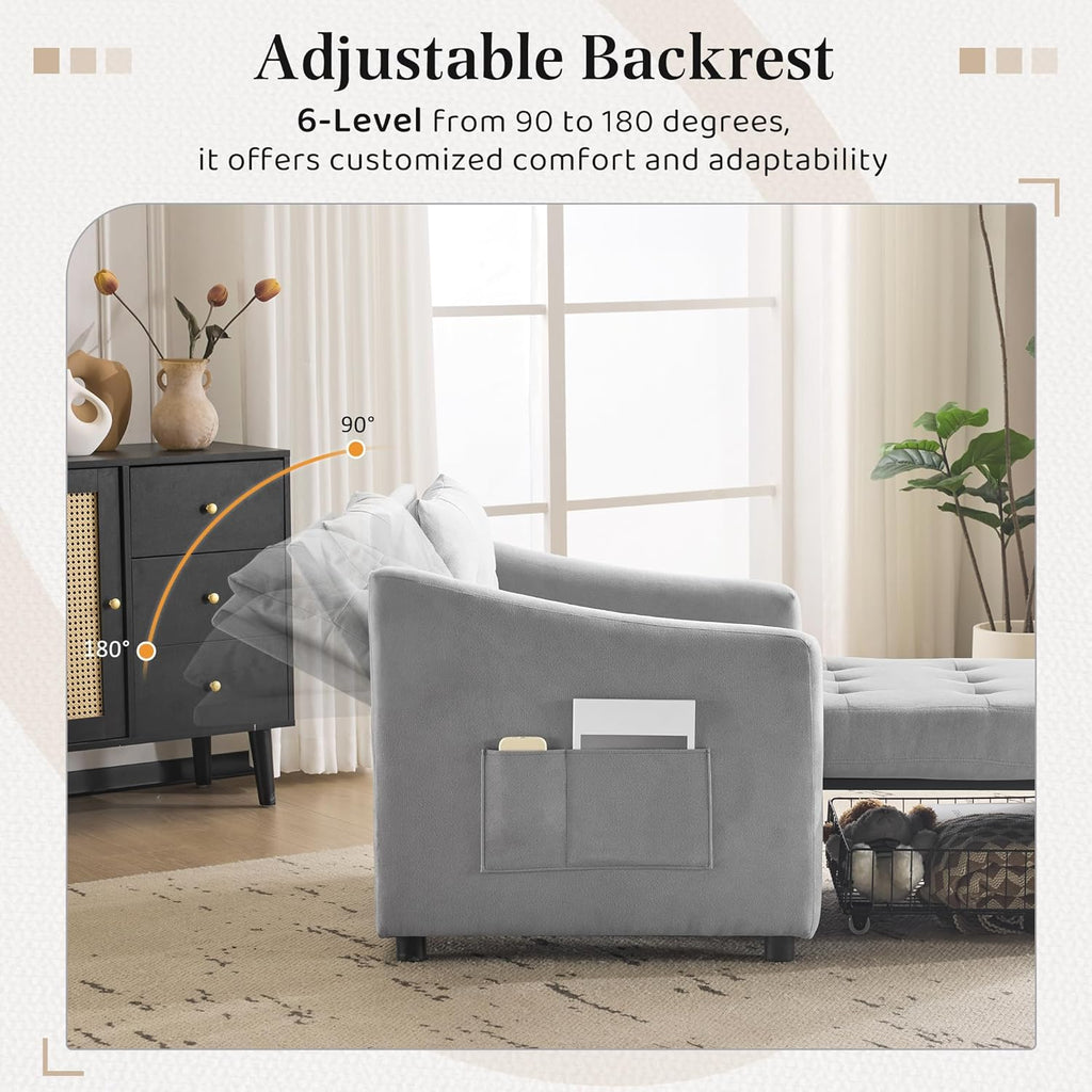 Bezseller Sleeper Sofa Chair Bed, 3-in-1 Convertible Sleeper Chair with Storage Drawer, Pull Out Couch with Side Pocket, Pillow, and Adjustable Backrest, for Living Room Bedroom Apartment, Light Grey