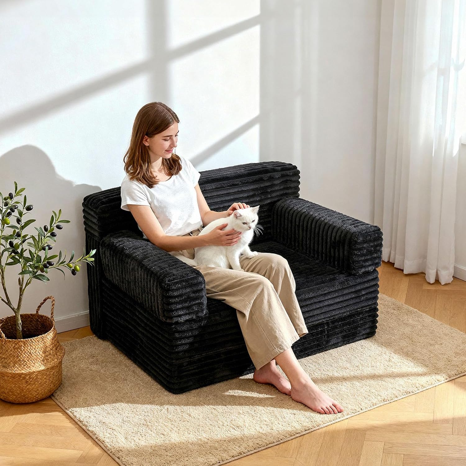 YEPDIN Folding Sofa Bed,Convertible Sofa Bed with Armrest Foldable Sleeper Chair, Portable Folding 4-in-1 Floor Sofa with Convertible Lounge Chair for Living Room,Bedroom,Washable Cover,Black Single