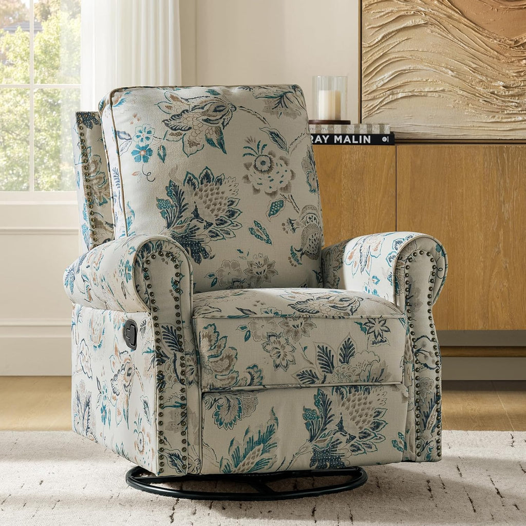 HULALA Home Modern Rocker Recliner, Printed Fabric Swivel Glider with Adjustable Backrest & Footrest, Teal