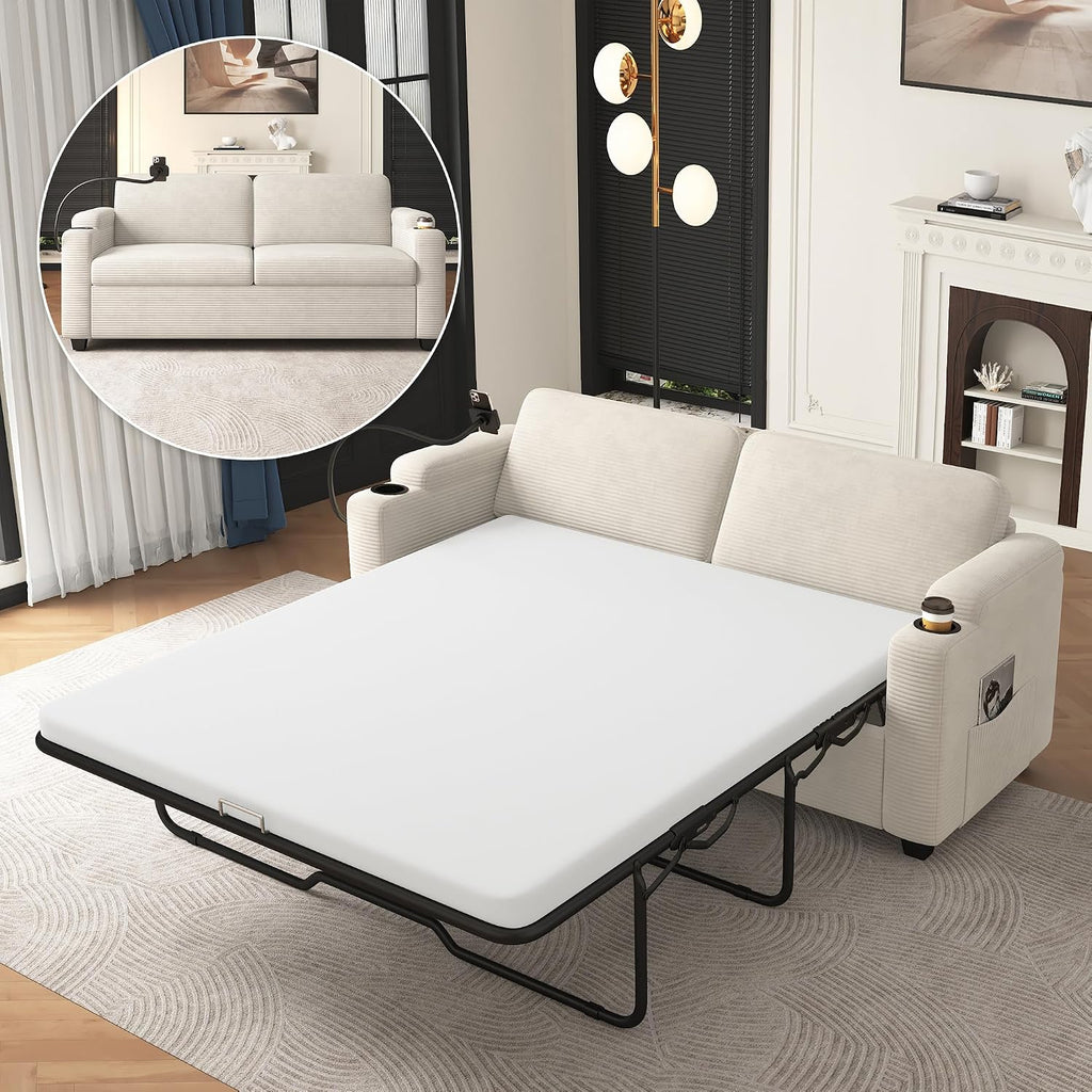 Merax Pull-Out Sleeper Sofa Bed with Full Size Mattress and Two Side Pockets, 3 in 1 Foton Couch with USB Ports | Phone & Cup Holders, Corduroy Loveseat for Living Room, Beige
