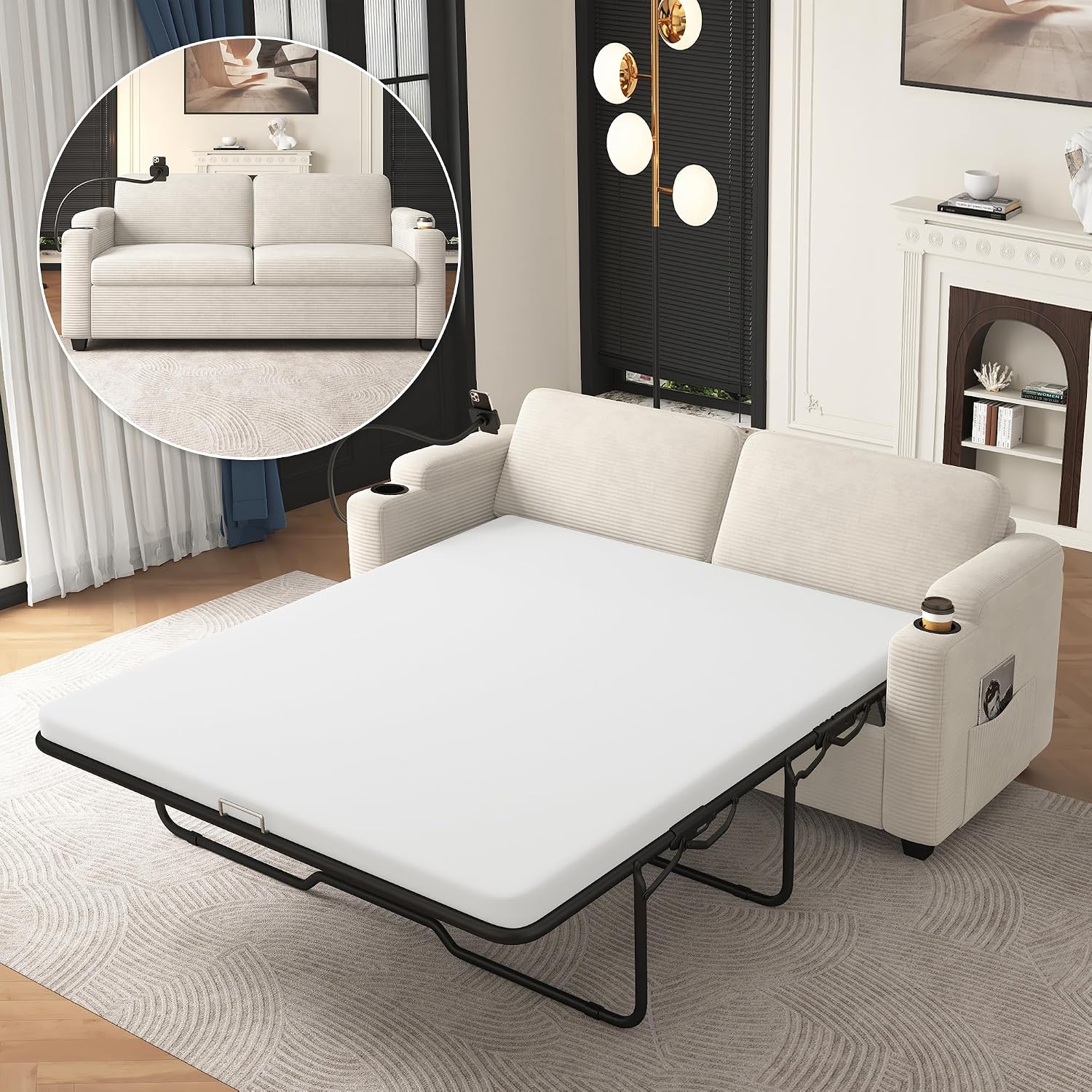 Merax Pull-Out Sleeper Sofa Bed with Full Size Mattress and Two Side Pockets, 3 in 1 Foton Couch with USB Ports | Phone & Cup Holders, Corduroy Loveseat for Living Room, Beige