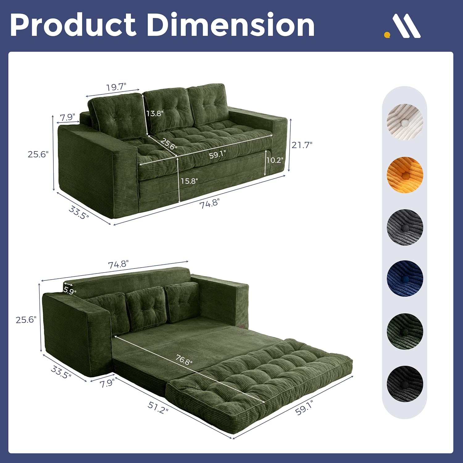 MAXYOYO Convertible Sofa Bed, Pull Out Loveseat Sleeper Sofa, 2 in 1 Folding Couch Bed, Fold Out Floor Couch with Pillows for Living Room Bedroom Lounge, Dark Green