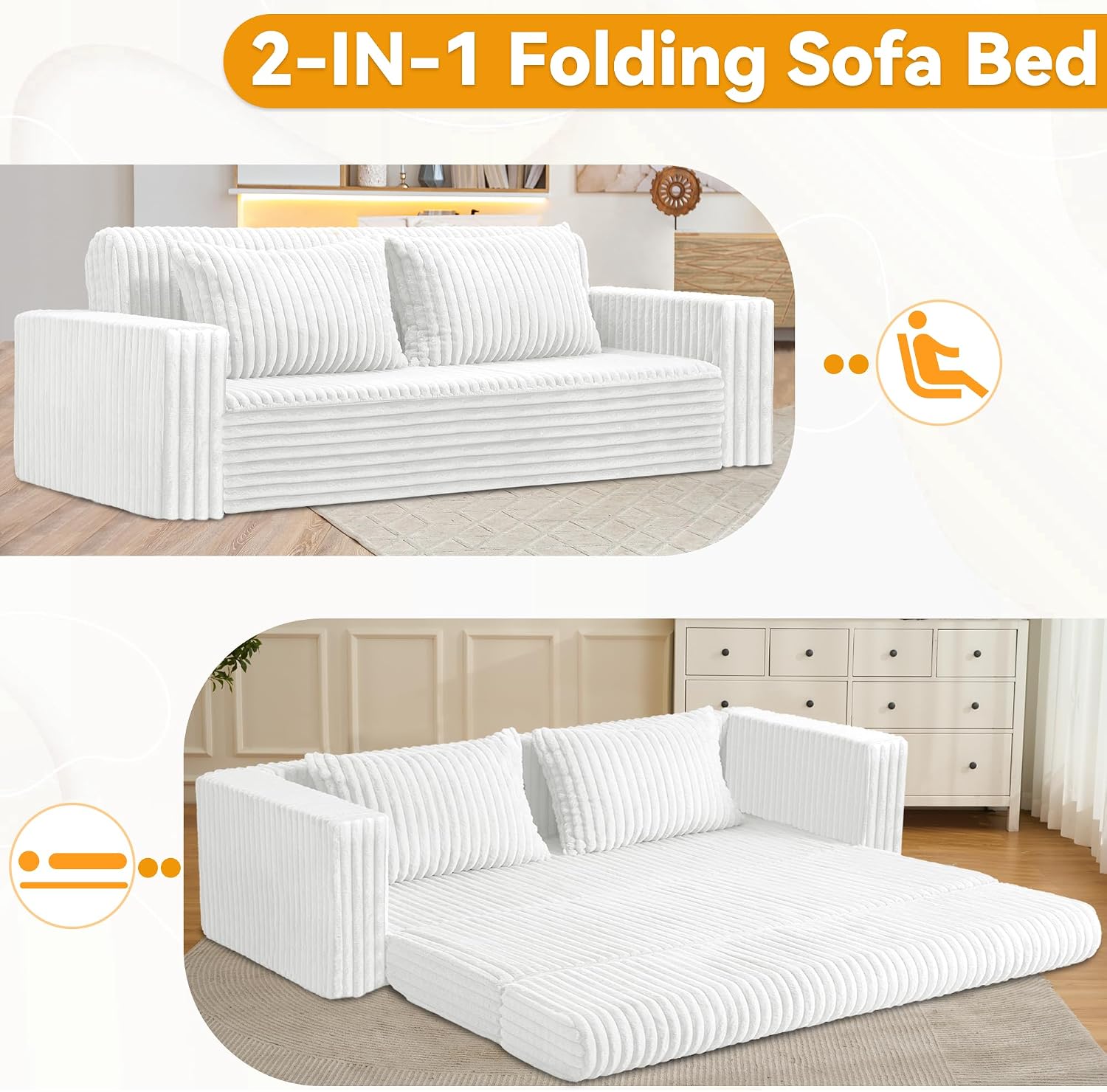 HABUTWAY Folding Sofa Bed, 2 in 1 Convertible Sleeper Chair with 2 Pillows, Portable Fold Out Chair Bed with Armrest, Comfy Floor Couch, Lazy Sofa for Living Room Bedroom Dorm Home Office, Beige
