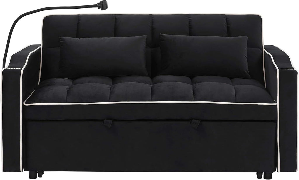 Merax Black Foldable Sofa Bed with 2 USB Charging Ports, Pull Out Velvet Loveseat Sleeper with Phone Holder, Modern Futon Couch with Cup Holders & Adjustable Backrest for Living Room