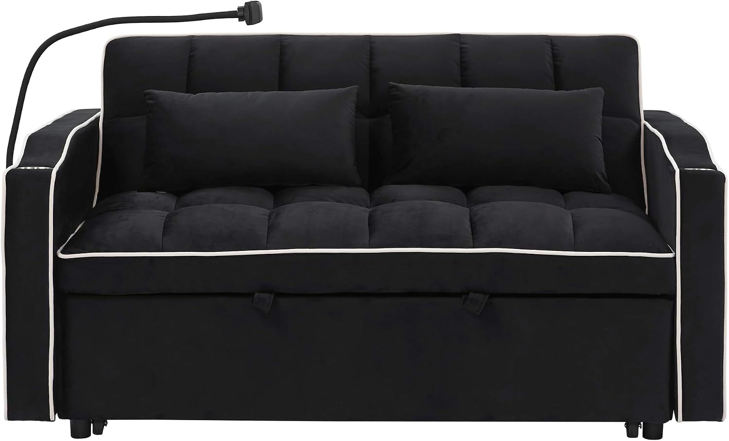 Merax Black Foldable Sofa Bed with 2 USB Charging Ports, Pull Out Velvet Loveseat Sleeper with Phone Holder, Modern Futon Couch with Cup Holders & Adjustable Backrest for Living Room