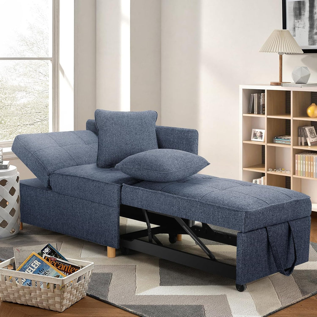 SEJOV Sofa Bed 4-in-1 Convertible Sofas & Couches, 3-Seat Linen Fabric loveseat Sofa with 2 Throw Pillow, Single Recliner for Small Space with 5 Adjustable Backrest, Blue
