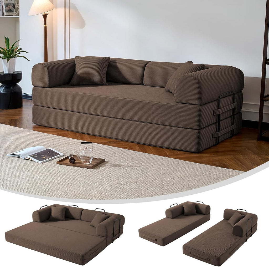 79' Compressed Sofa, Convertible Sofa Bed, Corduroy Compression Boneless Couch with Pillow, Comfy Modular Foldable Floor Sleeper Sofa for Bedroom, Living Room, Lounge, Studio (Brown)