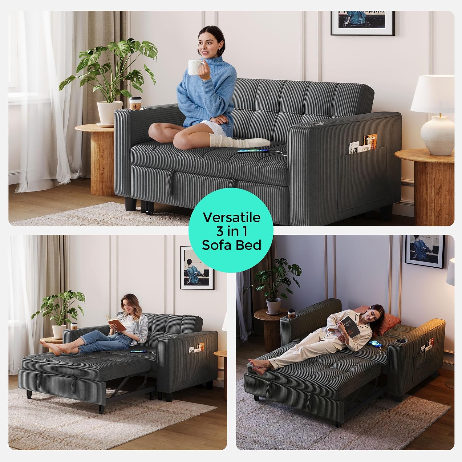 LINSY Sleeper Sofa Bed, 54' Pull Out Couch with Charging Station & Cup Holder, Small 3 in 1 Convertible Loveseat Sleeper Couch for Apartment, Dorm Room, Bedroom and Small Space, Corduroy Gray