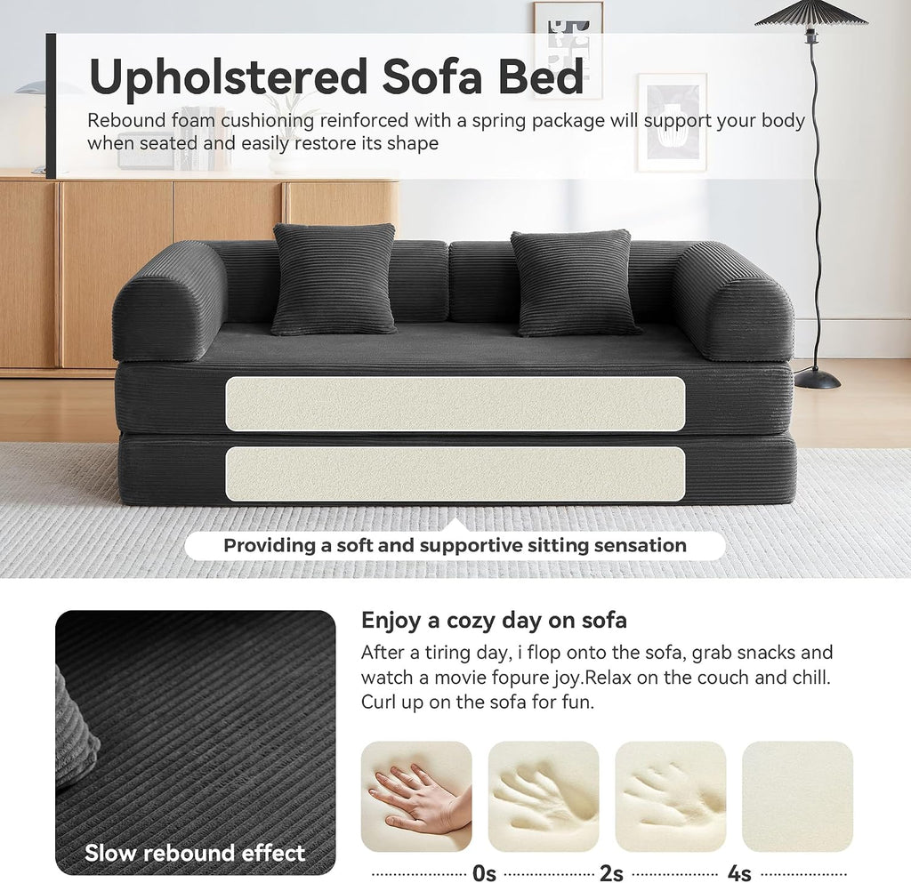 Convertible Sleeper Bed with 2 Cylindrical Pillow, Comfy Foldable Bed Compressed Sofa in Box, Floor Sofa Lounge Couch for Living Room Bedroom Lounge Studio, Tool-Free Assembly (Black)
