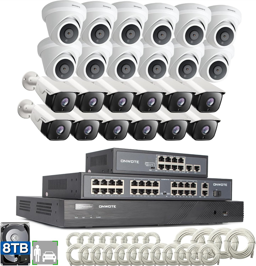 ONWOTE 32 Channel Security Camera System PoE, 12MP 32CH NVR 8TB, 32 Ports Switch, 24x 6MP Outdoor Audio PoE IP Cameras, AI Human Vehicle Detection, 24x Cables-2280ft, Commercial CCTV for Business