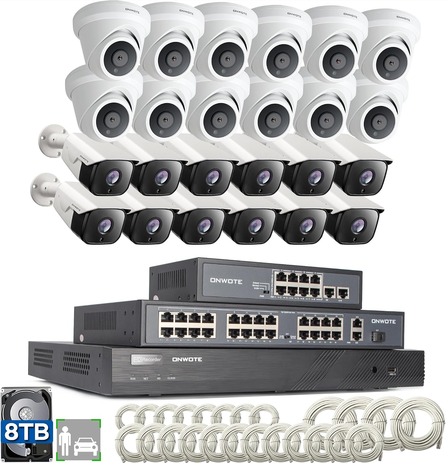 ONWOTE 32 Channel Security Camera System PoE, 12MP 32CH NVR 8TB, 32 Ports Switch, 24x 6MP Outdoor Audio PoE IP Cameras, AI Human Vehicle Detection, 24x Cables-2280ft, Commercial CCTV for Business