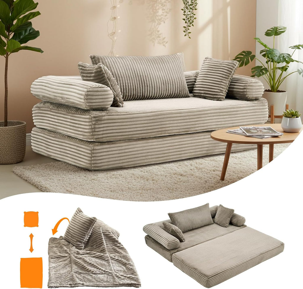 VINGLI Convertible Futon Sofa Bed, Upholstered Corduroy Boneless Couch King Size Floor Loveseat Sleeper Sofa with 2-in-1 Throw Pillow & Blanket Couches for Living Room, Bedroom, Lounge, Gray