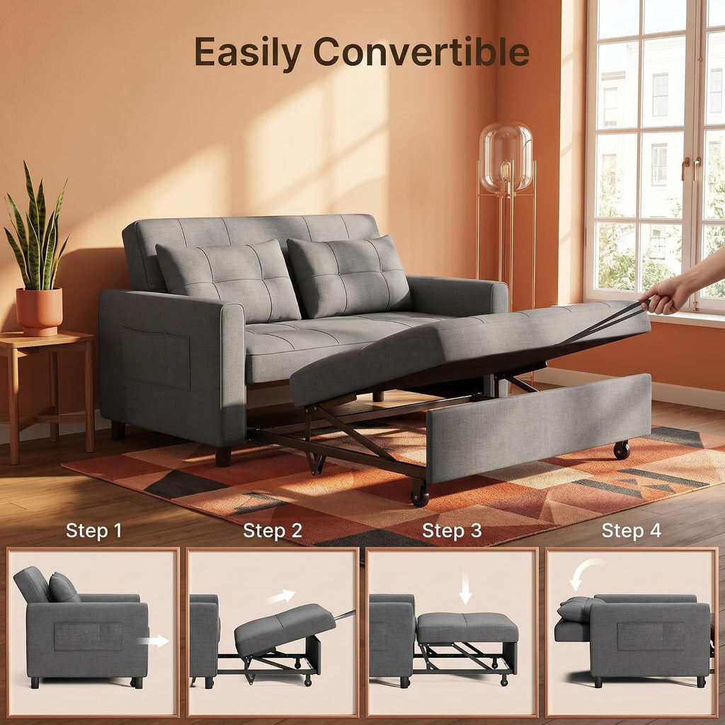 Gizoon 3-in-1 Convertible Loveseat Sleeper Couch Bed, 71.7' Extended Pull Out Sofa Bed, Linen Fabric Small Futon Sofa Bed with 2 Pillows for Apartment, Living Room, Bedroom, Dark Grey