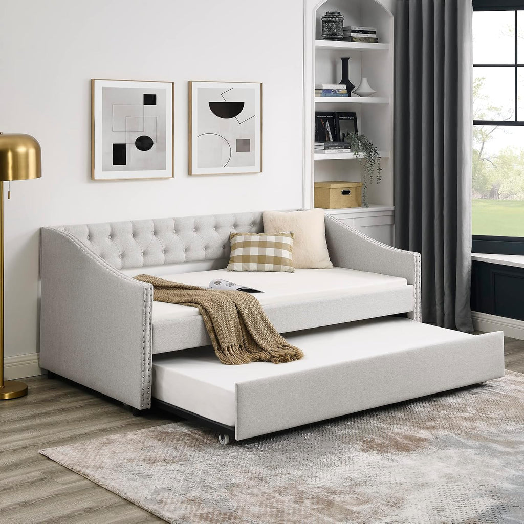 KEIKI Twin Size Upholstery Daybed with Trundle and Headboard, Mid-Century Style Tufted Sofa Bed with Button on Back, Easy Assembly, No Box Spring Required, for Living Room and Bedroom, Beige