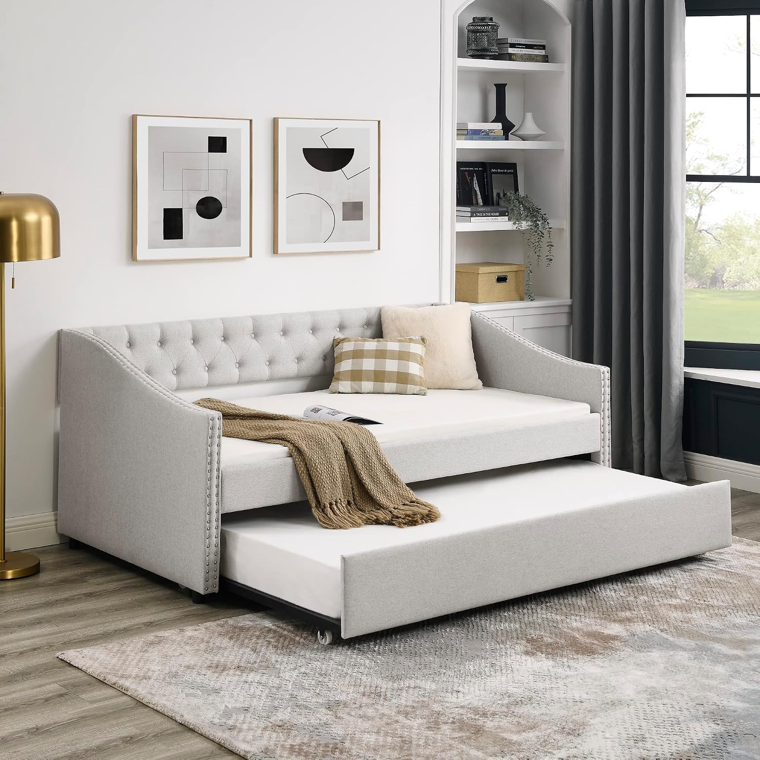 KEIKI Twin Size Upholstery Daybed with Trundle and Headboard, Mid-Century Style Tufted Sofa Bed with Button on Back, Easy Assembly, No Box Spring Required, for Living Room and Bedroom, Beige