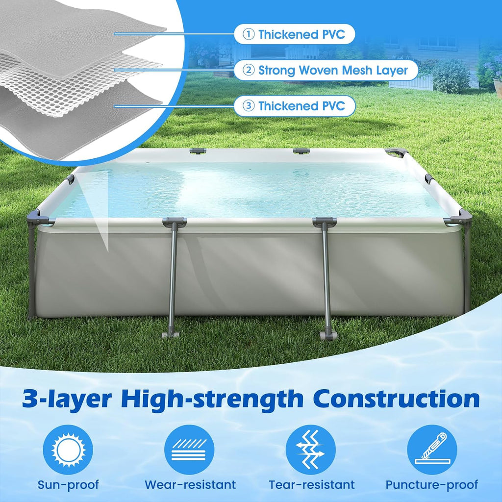GYMAX 10' x 6.8' x 26' Metal Frame Above Ground Swimming Pool, Outdoor Backyard Famliy Pool w/Puncture-Resistant Fabric, Drainage Valve Connector for Kids & Adults (10' x 6.8' x 26', Rectangle, Grey)